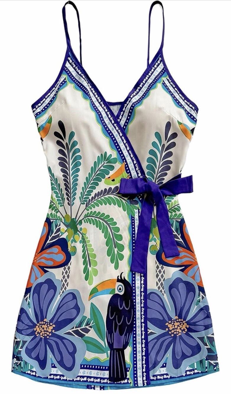 SOLY HUX Women's Tropical Print Mini Dress Summer Wrap V Neck Blue Floral S